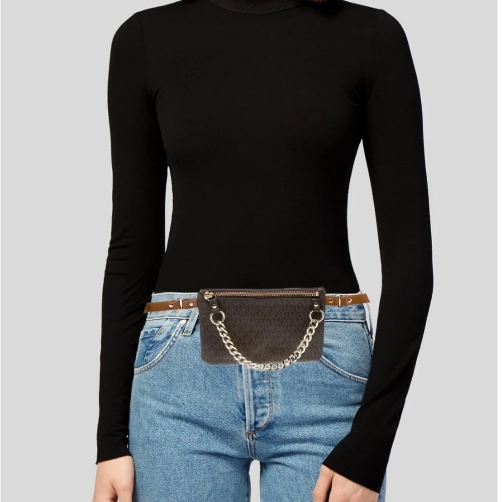 Michael Kors Brown Crossbody belt Bag with gold chain link hardware